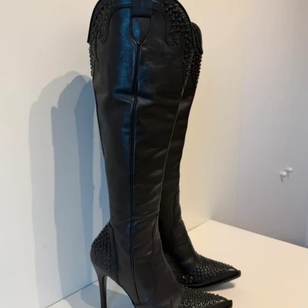 Elegant Black Studded Heeled Boots